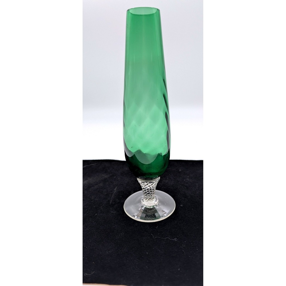 Vintage Green Art Glass Bud Vase Twisted Clear Stem 9 Inch Tapered Decorative